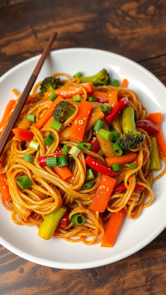 Stir-Fried Noodles with Vegetables Recipe Stir-fried noodles with vegetables on a plate, garnished with sesame seeds and green onions.